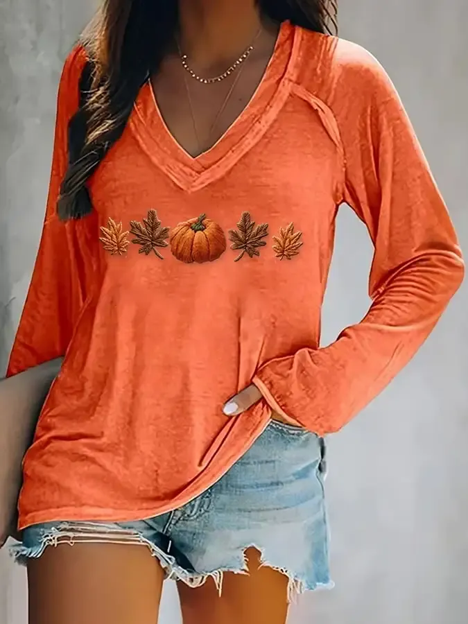Women's Autumn Maple Leaf Pumpkin Print Long Sleeve T-Shirt