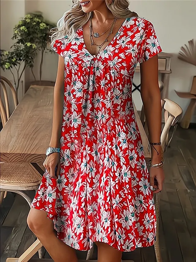Women's Floral Leaf Print V Neck Midi Dress Daily Vacation Short Sleeve Summer Spring