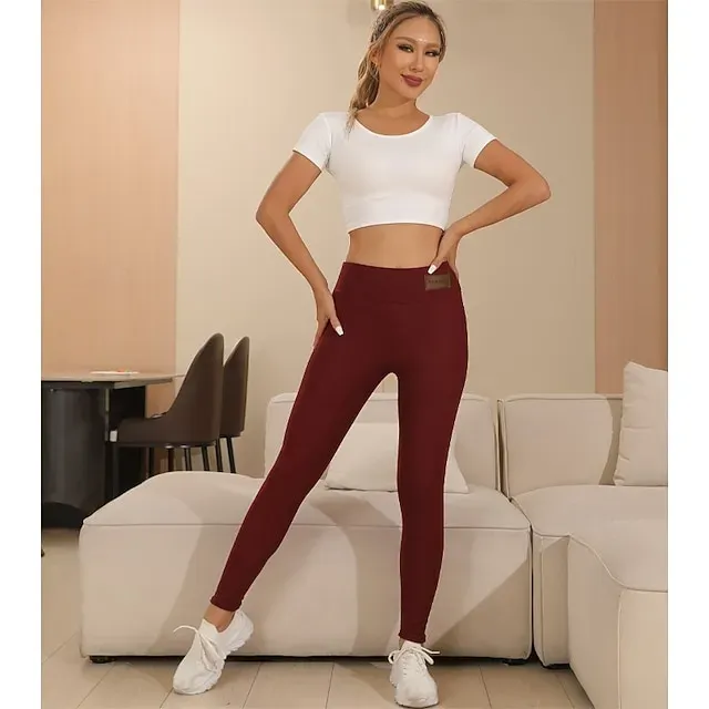 Women's EU / US Size Skinny Cozy Fleece Lined Cozy Leggings Classic & Timeless Full Length High Rise Plain Pocket Outdoor Warm Micro-elastic Home Daily Wear claret Dark-Gray Black 1