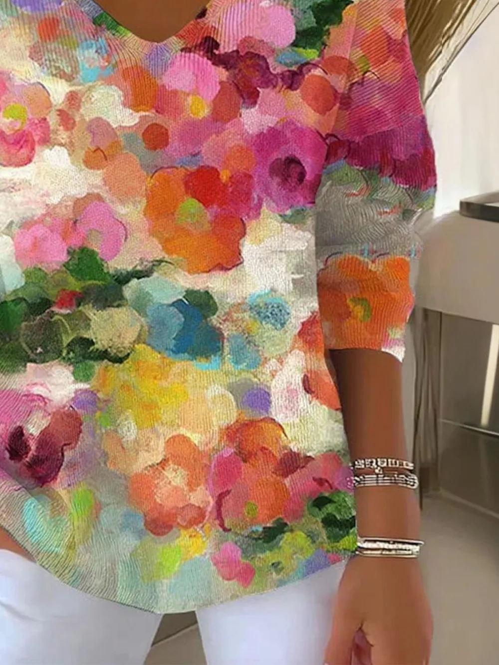 Casual V Neck Floral Cotton Sweater