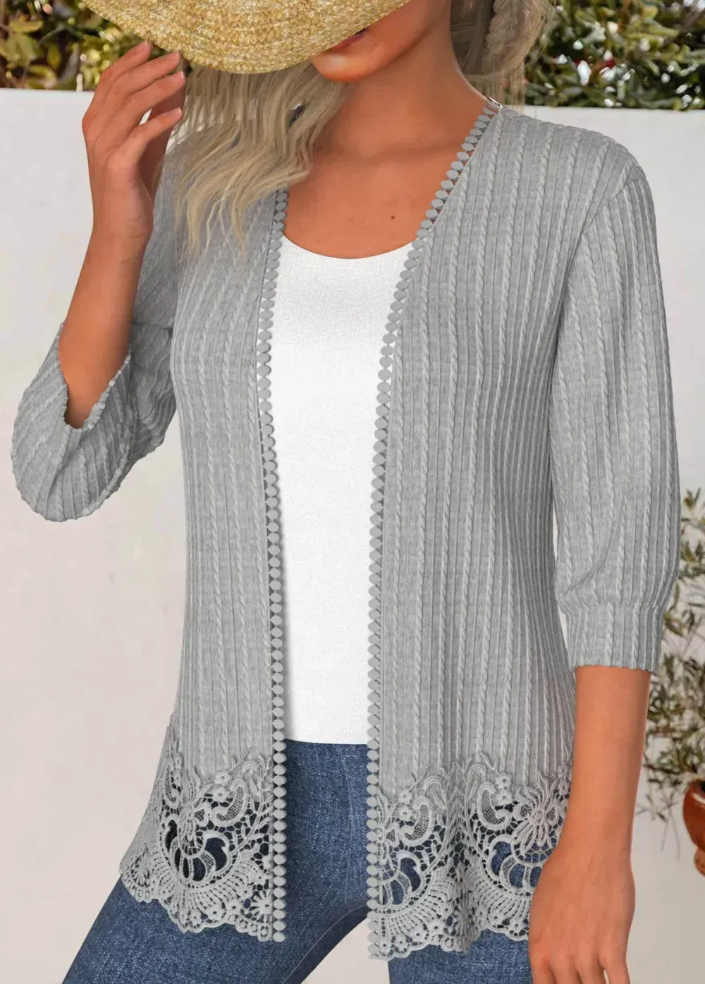 Lace Open Front 3/4 Sleeve Light Cardigan