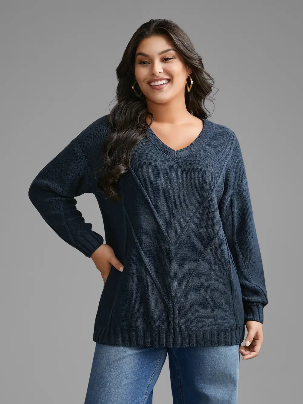 V Neck Cable Knit Texture Pullover