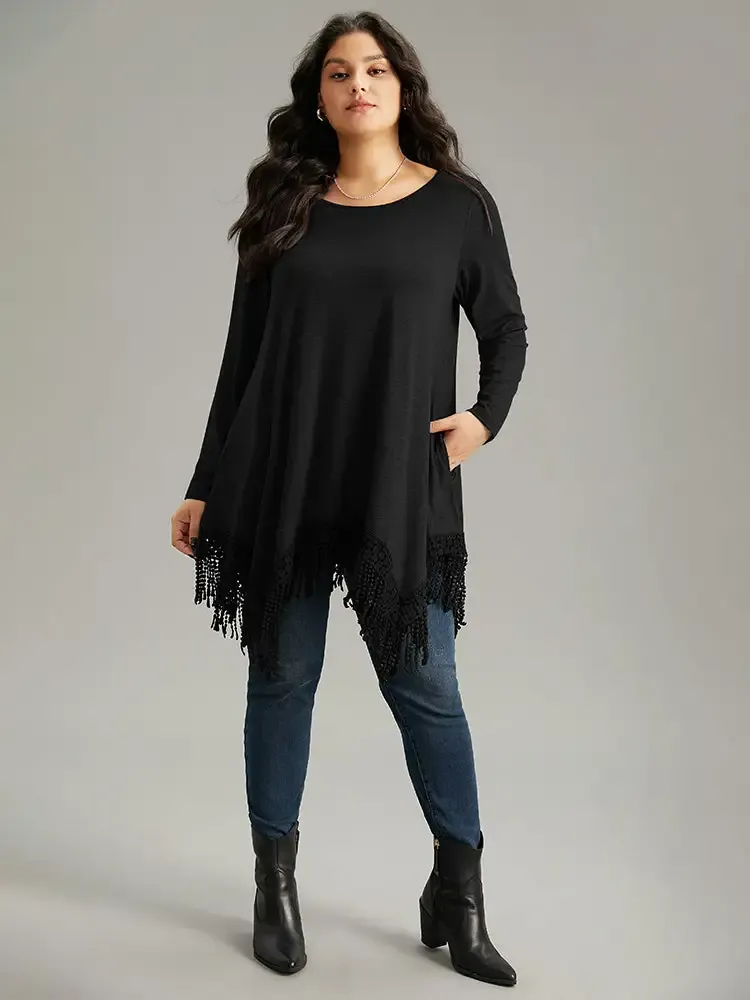 Solid Tassels Trim Pocket Asymmetrical Hem T-Shirt