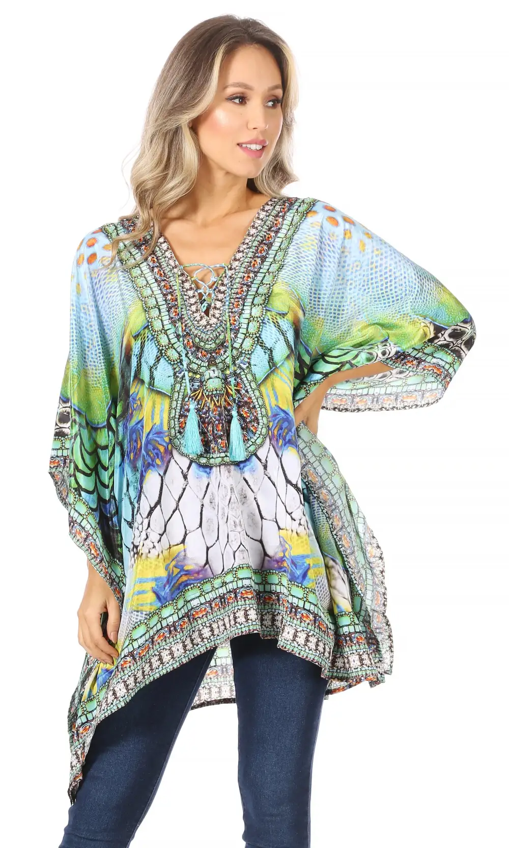 Women's Caftan Poncho Cover up V neck Top Lace up With Rhinestone