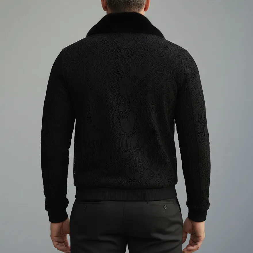 Men's Black Lace Furry Collar Long Sleeve Zip-Up Jacket