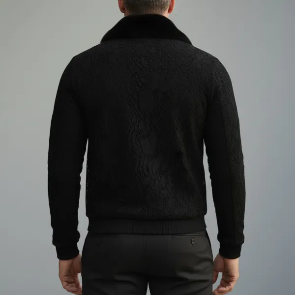 Men's Black Lace Furry Collar Long Sleeve Zip-Up Jacket