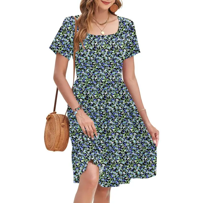 Women’s Ditsy Floral Square Neck A-Line Sundress with Pockets – Short Sleeve, Ruffle Hem