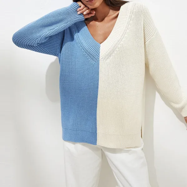 Patchwork V-Neck Loose Knit Woman