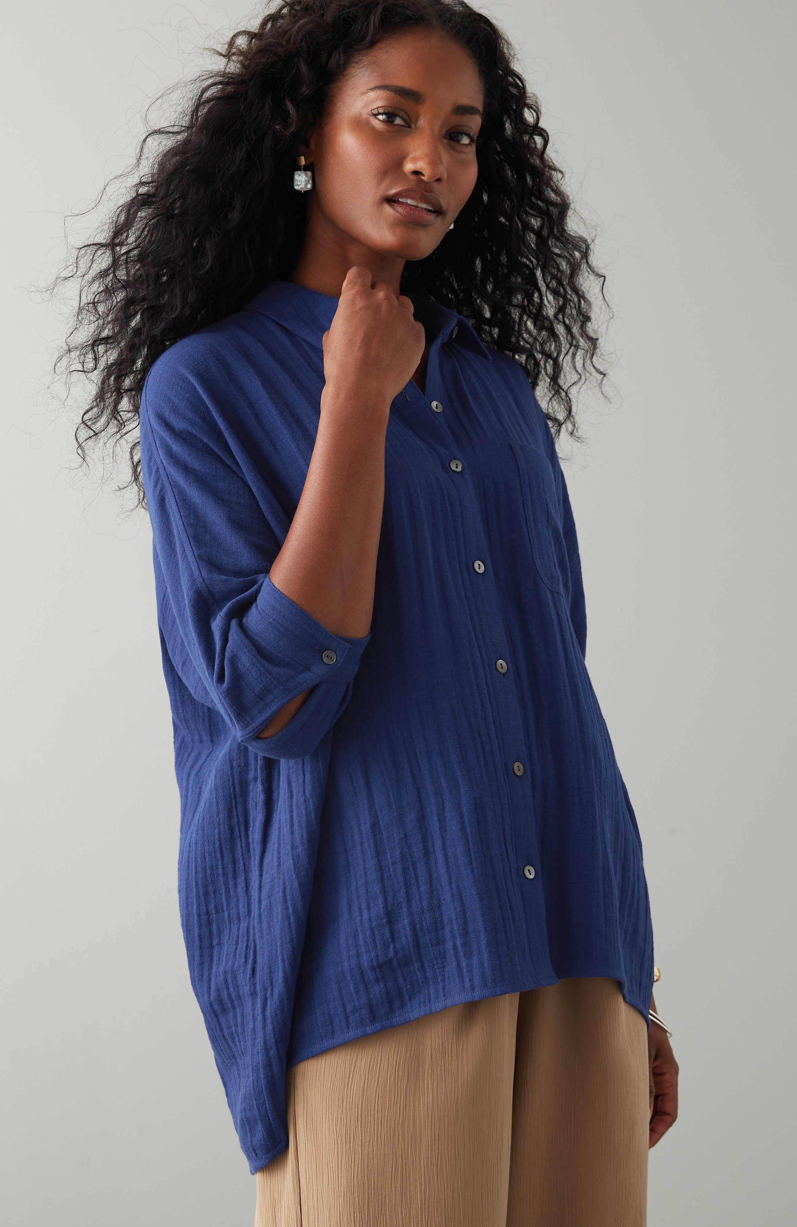 Pure Jill Relaxed Gauze Button-Front Top