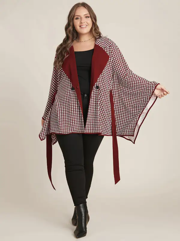 Houndstooth Contrast Dolman Sleeve Suit Collar Belted Coat