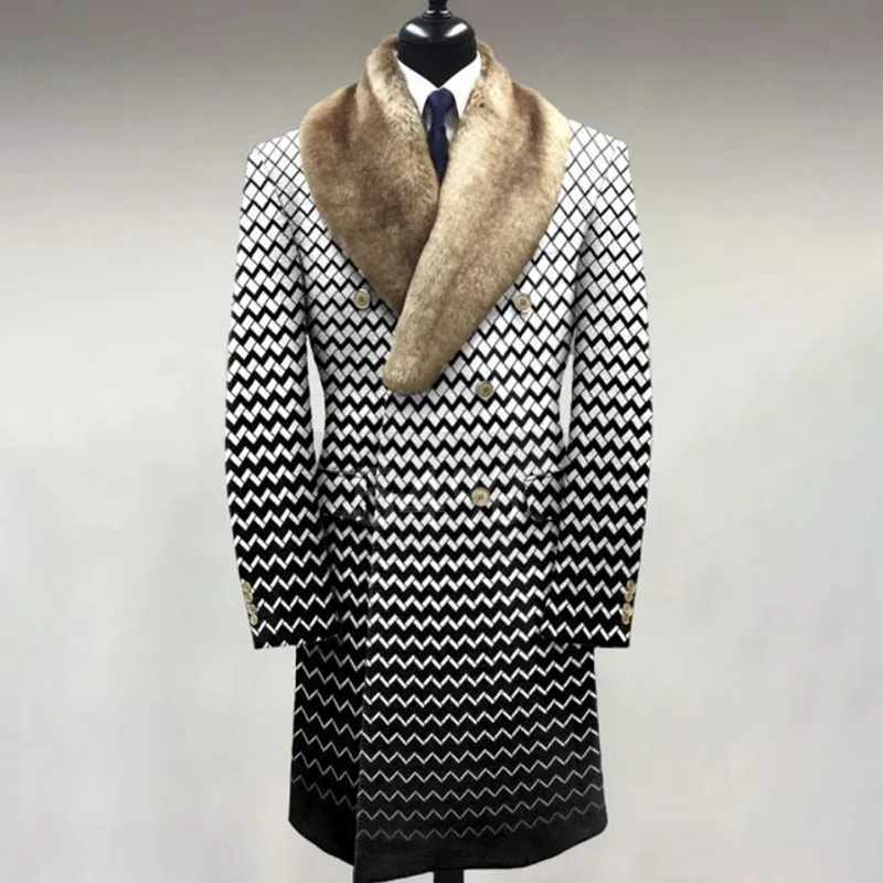 Men’'s Casual Fur Lapel Collar Graphic Pattern Long Sleeve Coat