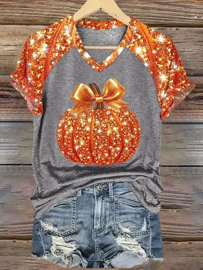 V-Neck Retro Color Block Autumn Pumpkin Bow Print T-Shirt