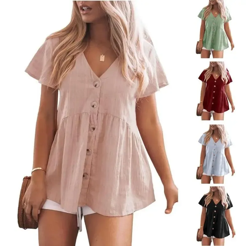 Women's Short Sleeve V Neck Blouse Button Down Shirt Loose Casual Ruffle Hem Babydoll Peplum Top