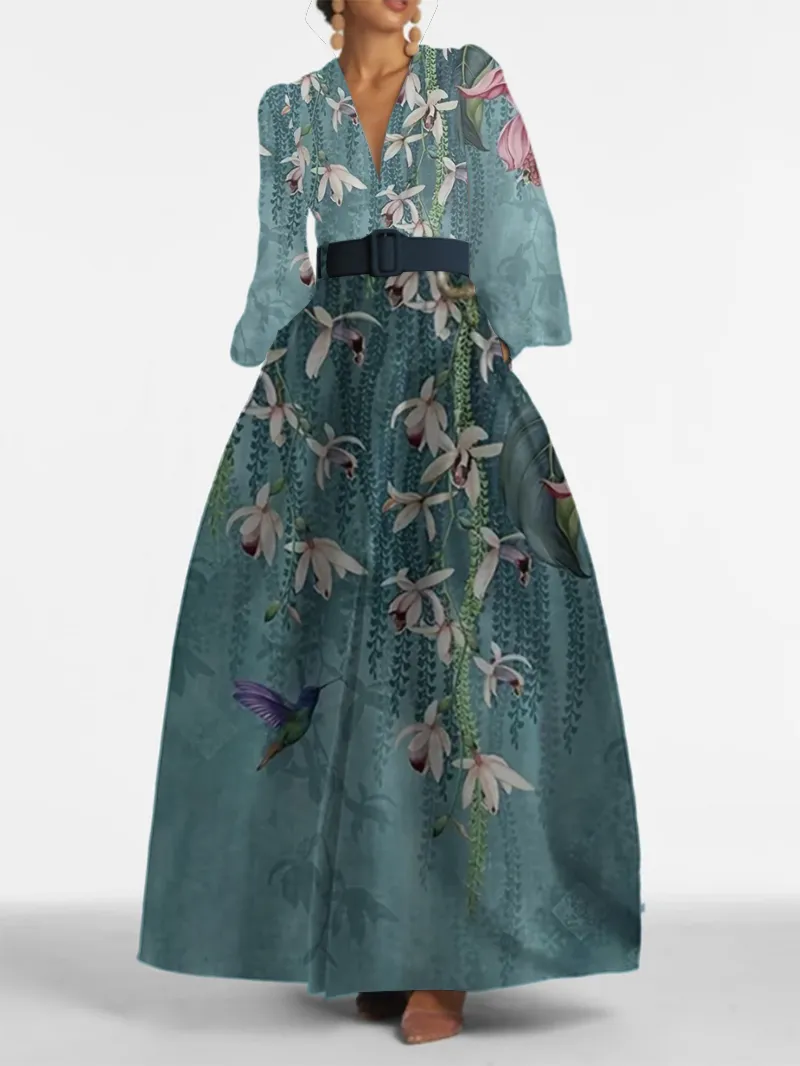 Elegant senior V-neck printed maxi dress with waist large skirt printed dress with side pocket