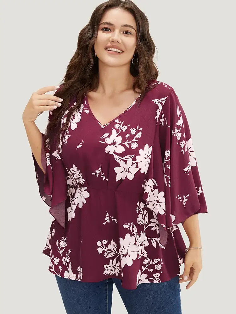 Floral Printed Plicated Detail Flutter Sleeve Blouse