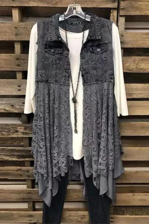 Denim Tank Top Lace Hem Dress