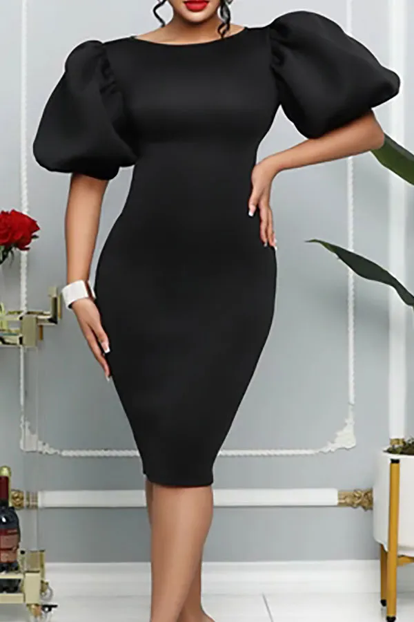  Simple Puff Sleeve Midi Dress