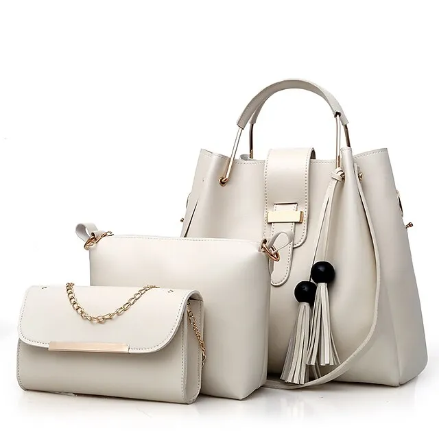 Women's Bag Set PU Leather 3 Pcs Purse Set Shopping Zipper Tassel Black White Pink