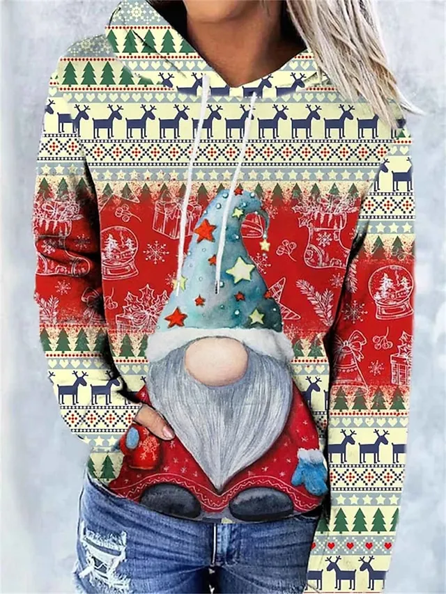 Women's Pullover Christmas Sweatshirt Active Sports Drawstring Front Pocket Red Christmas Tree Gnome Christmas Casual Hoodie Long Sleeve Top Micro-elastic Fall & Winter