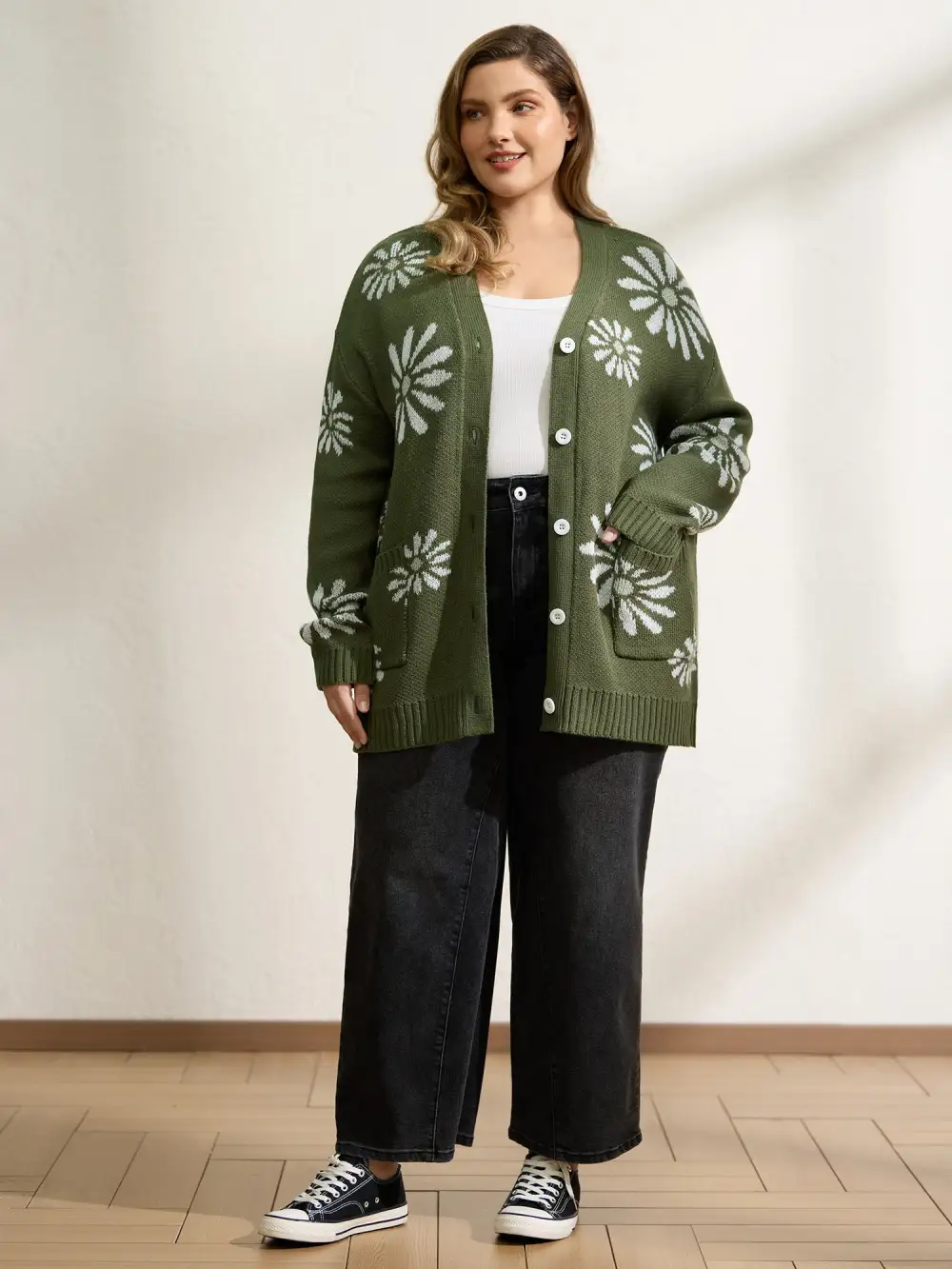 Floral Jacquard Button Pockets Knit Cardigan