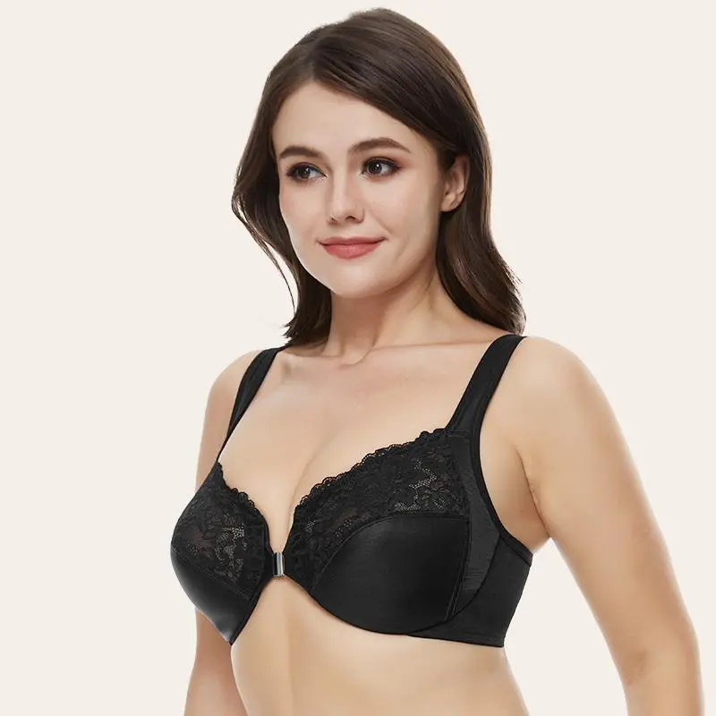 Womens Front Closure Full Figure Bra Plus Size Lace Bra No Padded Underwire Bra