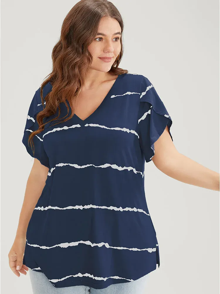 Striped Contrast Petal Sleeve T-shirt