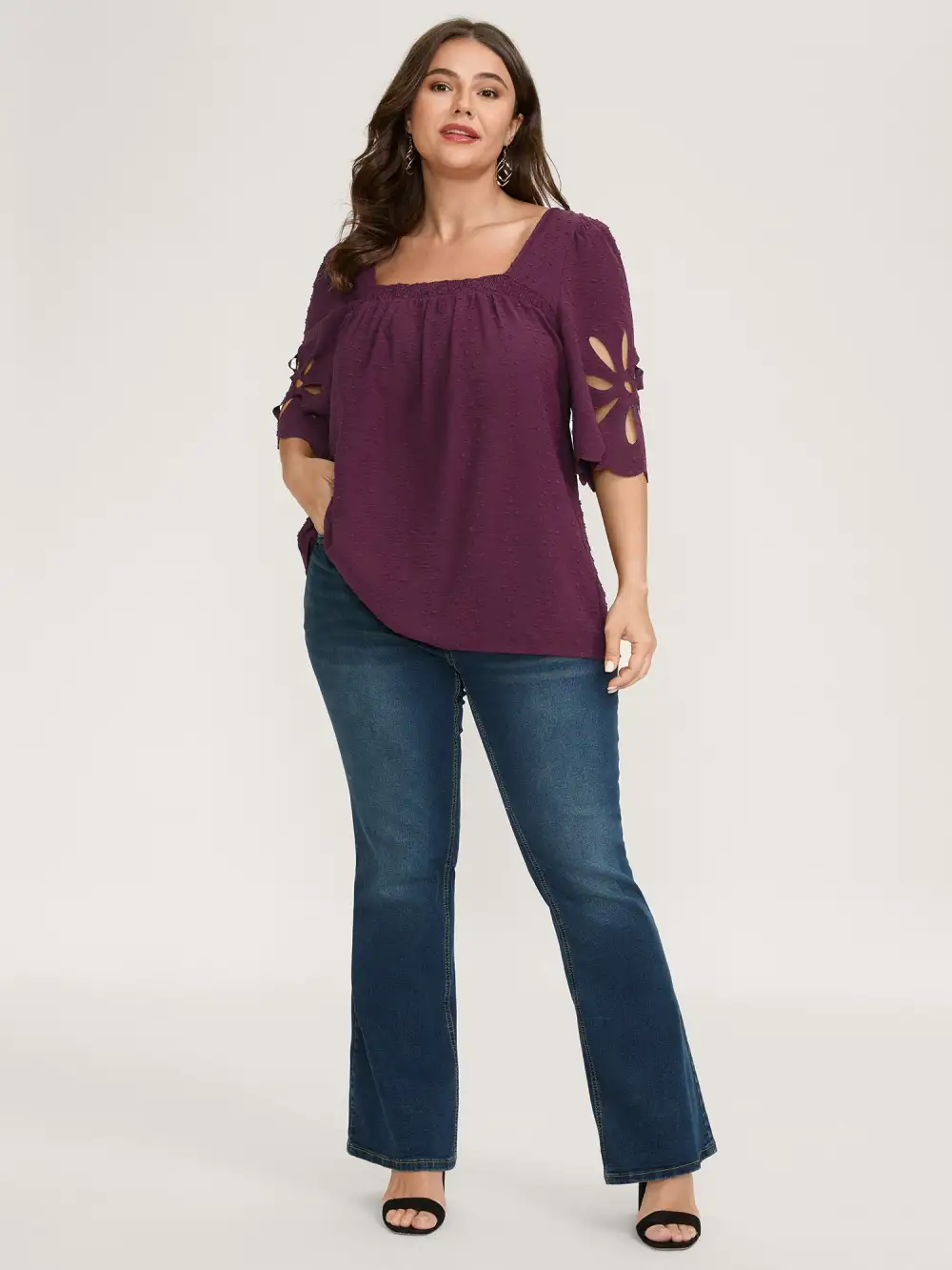 Textured Pleated Neckline Laser Cut Blouse