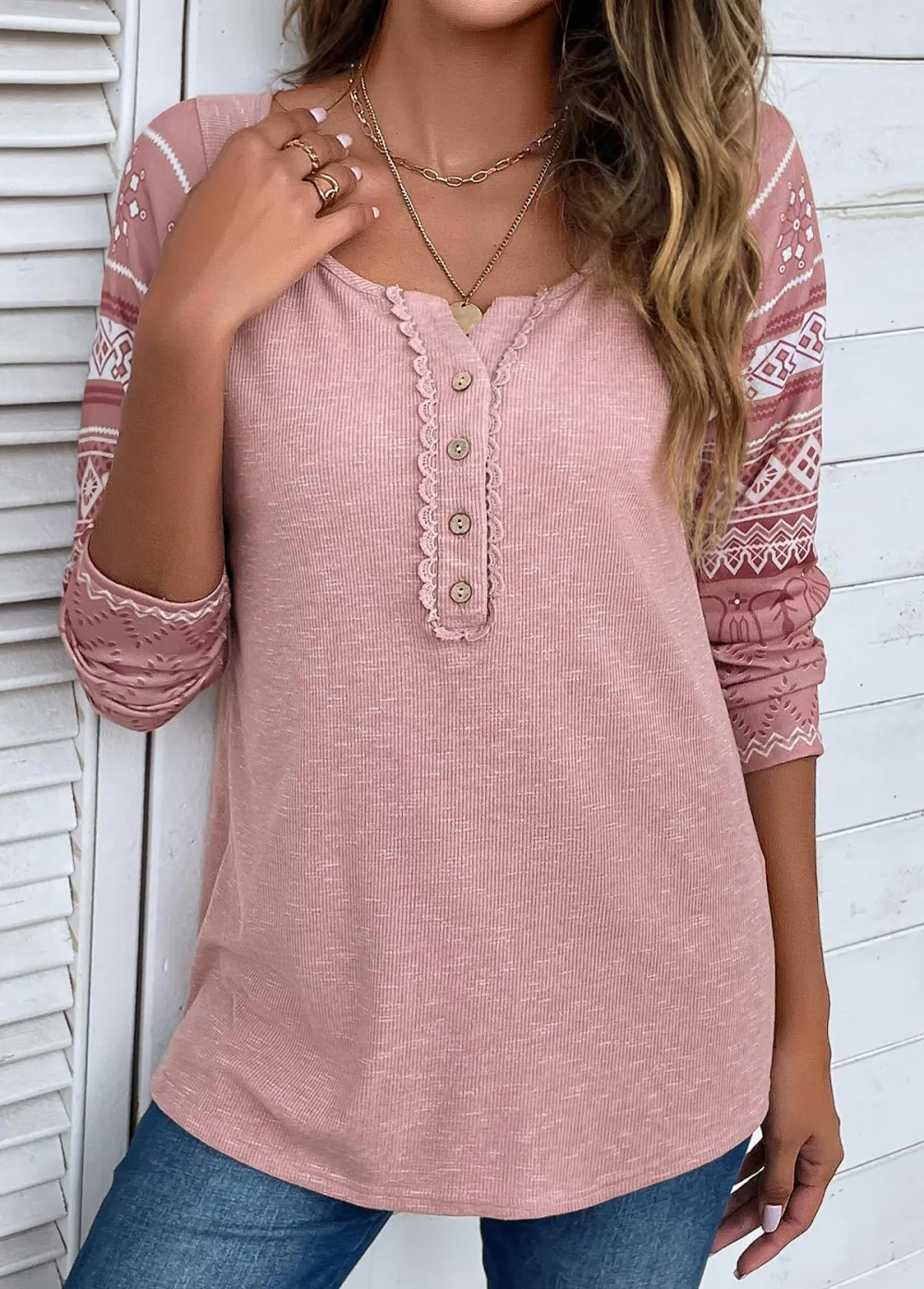 Pink Lace Tribal Print Long Sleeve T Shirt