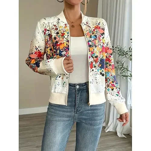 Women's Casual Jacket Comfortable Zipper Fashion Daily Modern Floral School Outdoor Vacation Home Regular Baseball Collar Regular Fit Long Sleeve Outerwear White Spring Fall