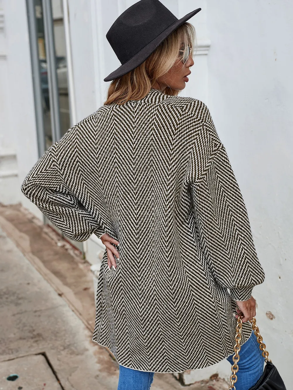 Chevron Pattern Bishop Sleeve Duster Cardigan