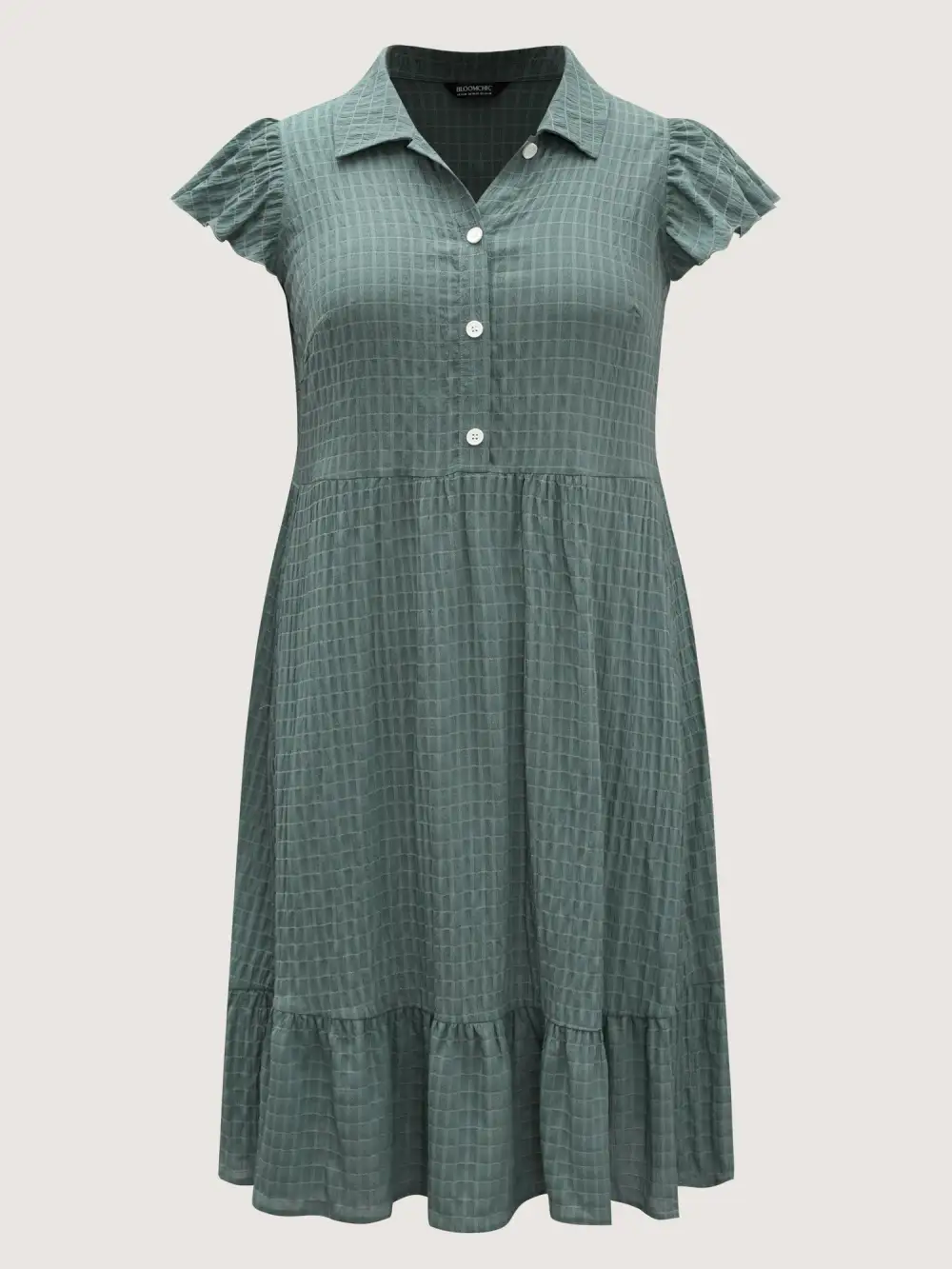 Textured Pockets Collar Flutter Sleeve Midi Dress