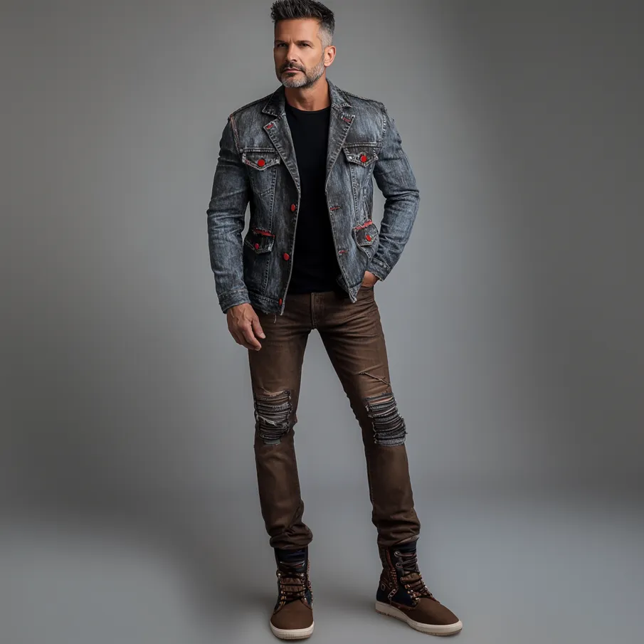 Men's Street Notch Lapel Contrast Buttons Washed Denim Jacket