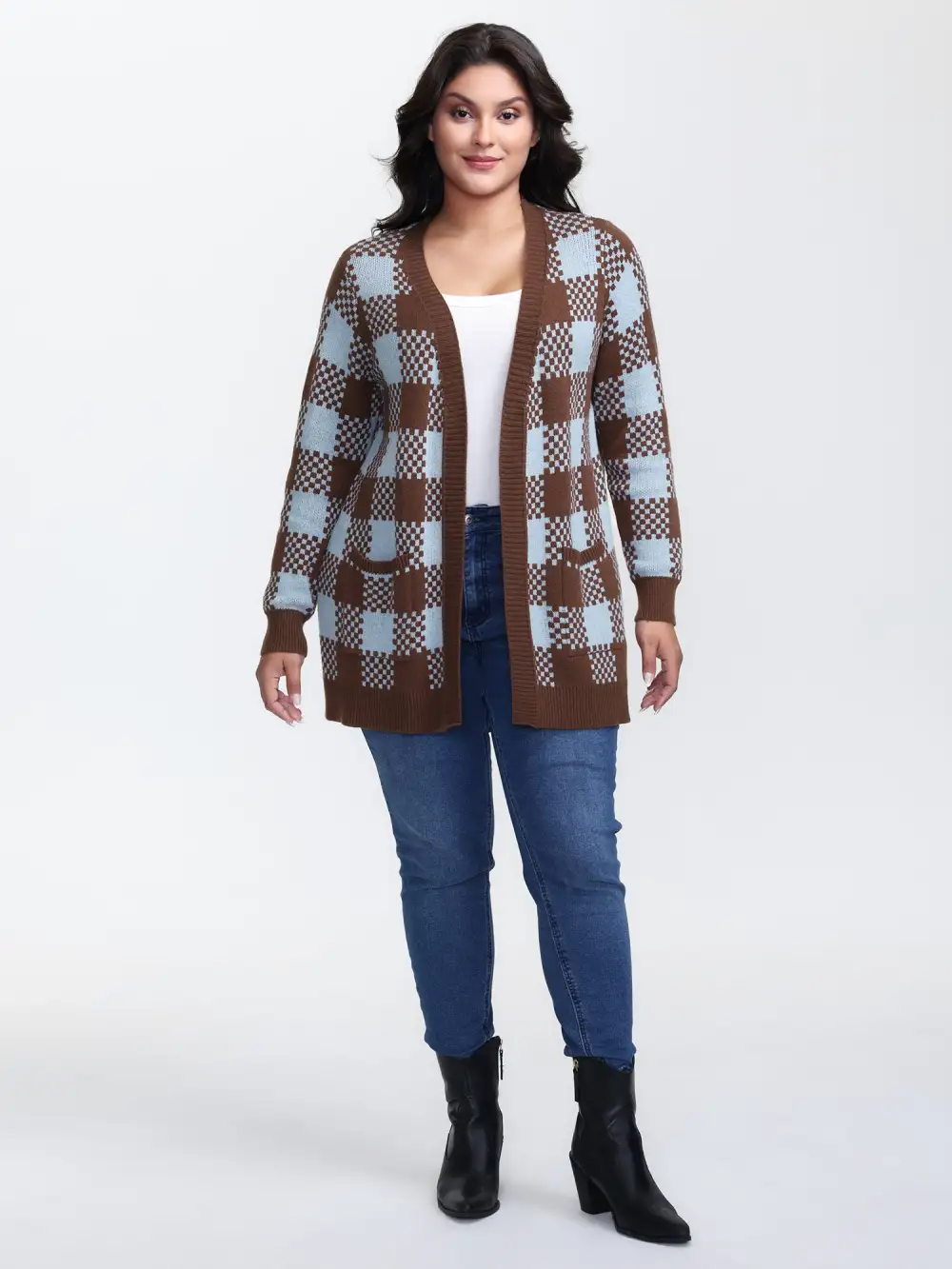 Checkered Pattern Pockets Knit Cardigan