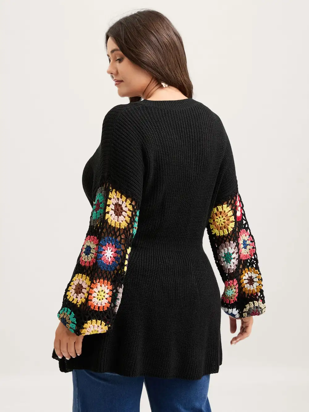 Crochet Floral Waist-Cinched Knit Cardigan