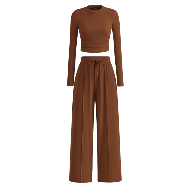 Ribbed Knit Long Sleeve Crop Top Wide Leg Pants