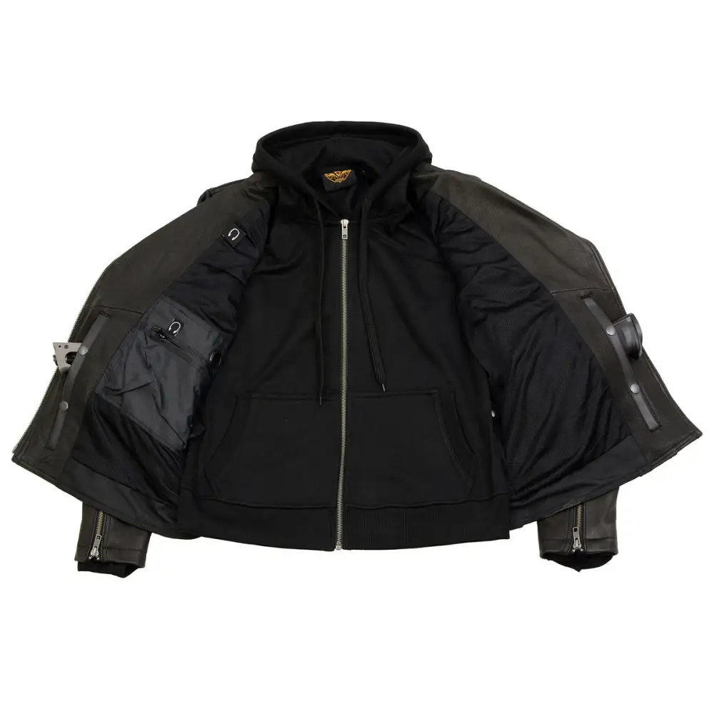Leather MLL2575 Women's Black Leather Vented Motorcycle Jacket w/ Removable Hoodie