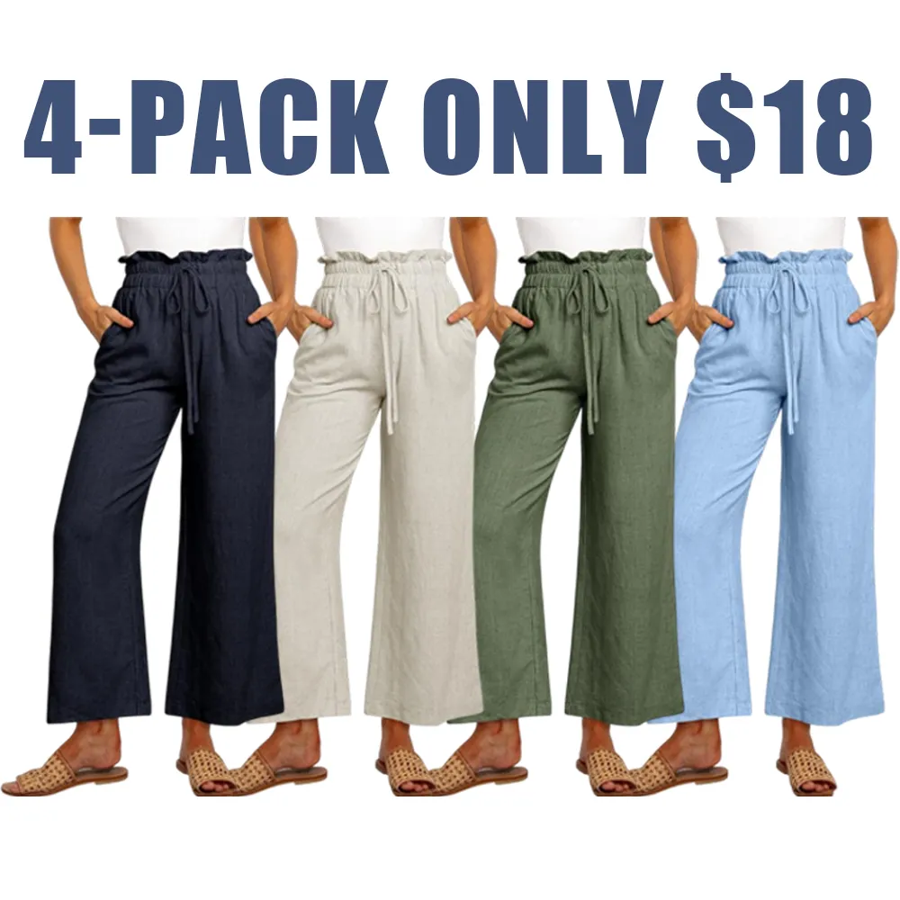 Women's Linen Wide Leg Pants – High Waist Drawstring Trousers with Pockets
