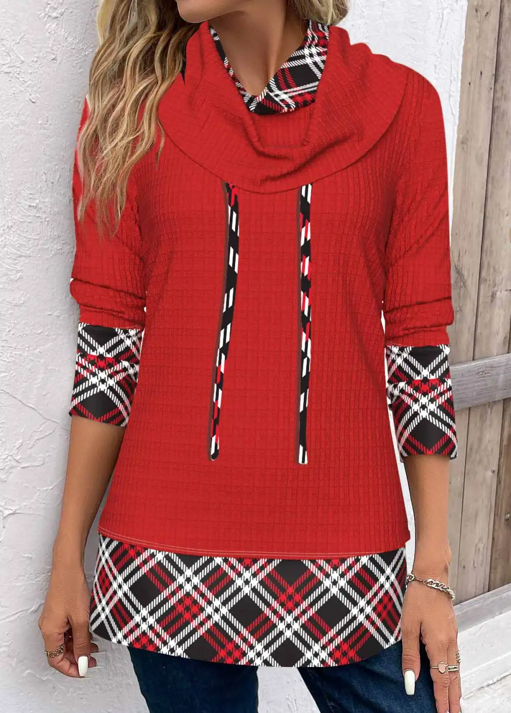 Red Patchwork Plaid Long Sleeve Cowl Neck Sweatshirt