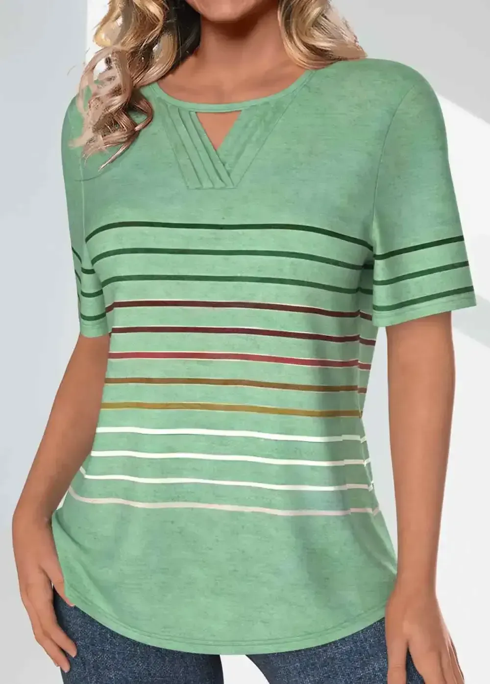 Light Green Tuck Stitch Striped Short Sleeve T Shirt