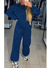 Women's Fashion Streetwear Pants Sets Bolero Top Long Sleeve Crew Neck Solid Color Sequins Outdoor Work Casual Black White Blue Fall Loose Fit