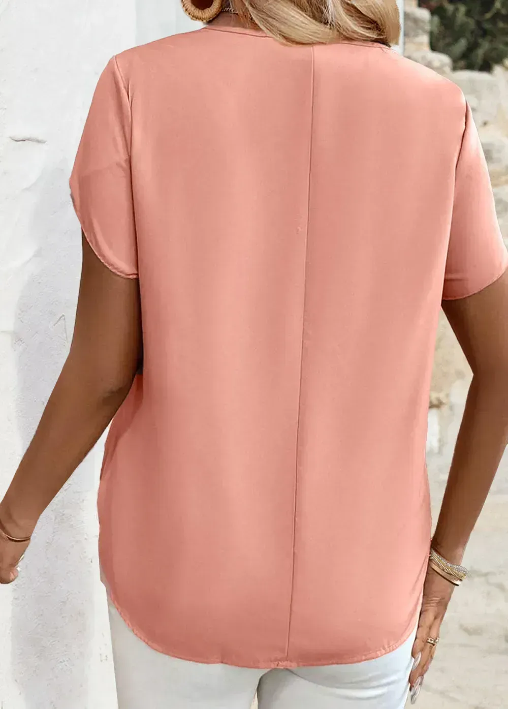 Pink Short Sleeve V Neck Tunic Blouse