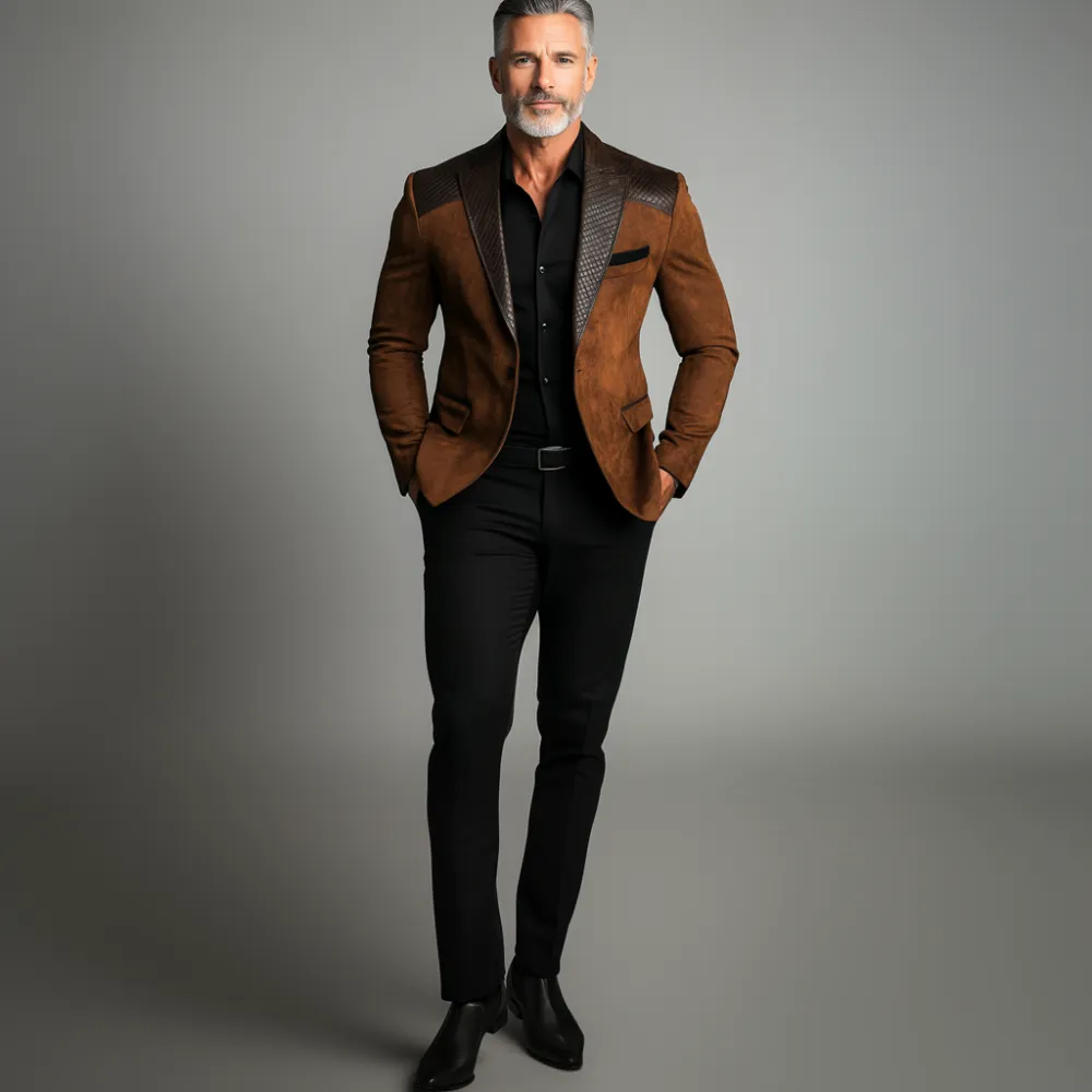 Men's Business Suede Splicing PU Leather Lapel Collar One Button Blazer