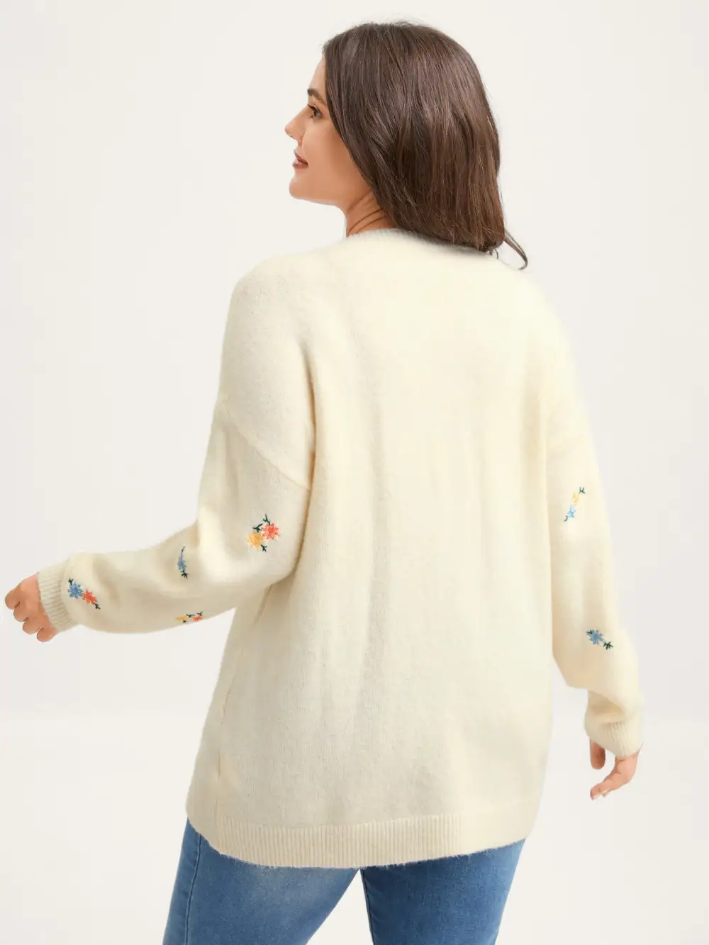 Micro Floral Embroidery Ribbed Hem Pullover