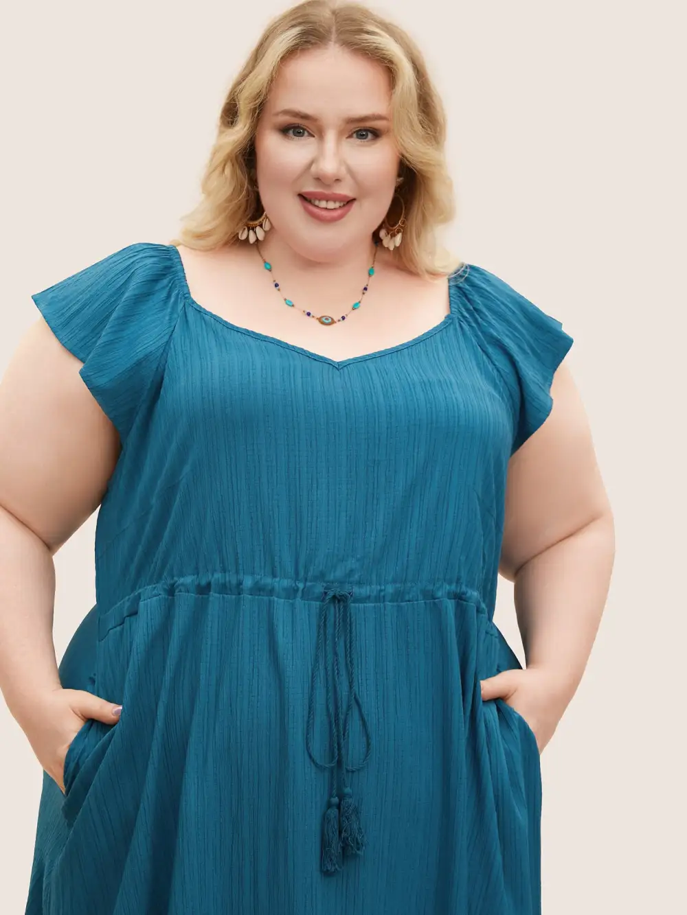 Texture Drawstring Tie Knot Tassels Dress