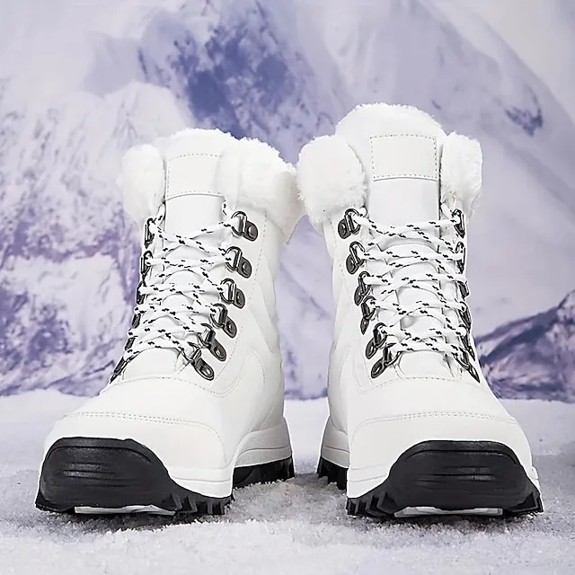 Women's Boots Snow Boots Plus Size Daily Fleece Lined Booties Ankle Boots Winter Flat Heel Round Toe Casual Comfort PU Elastic Band Solid Color Wine Black White