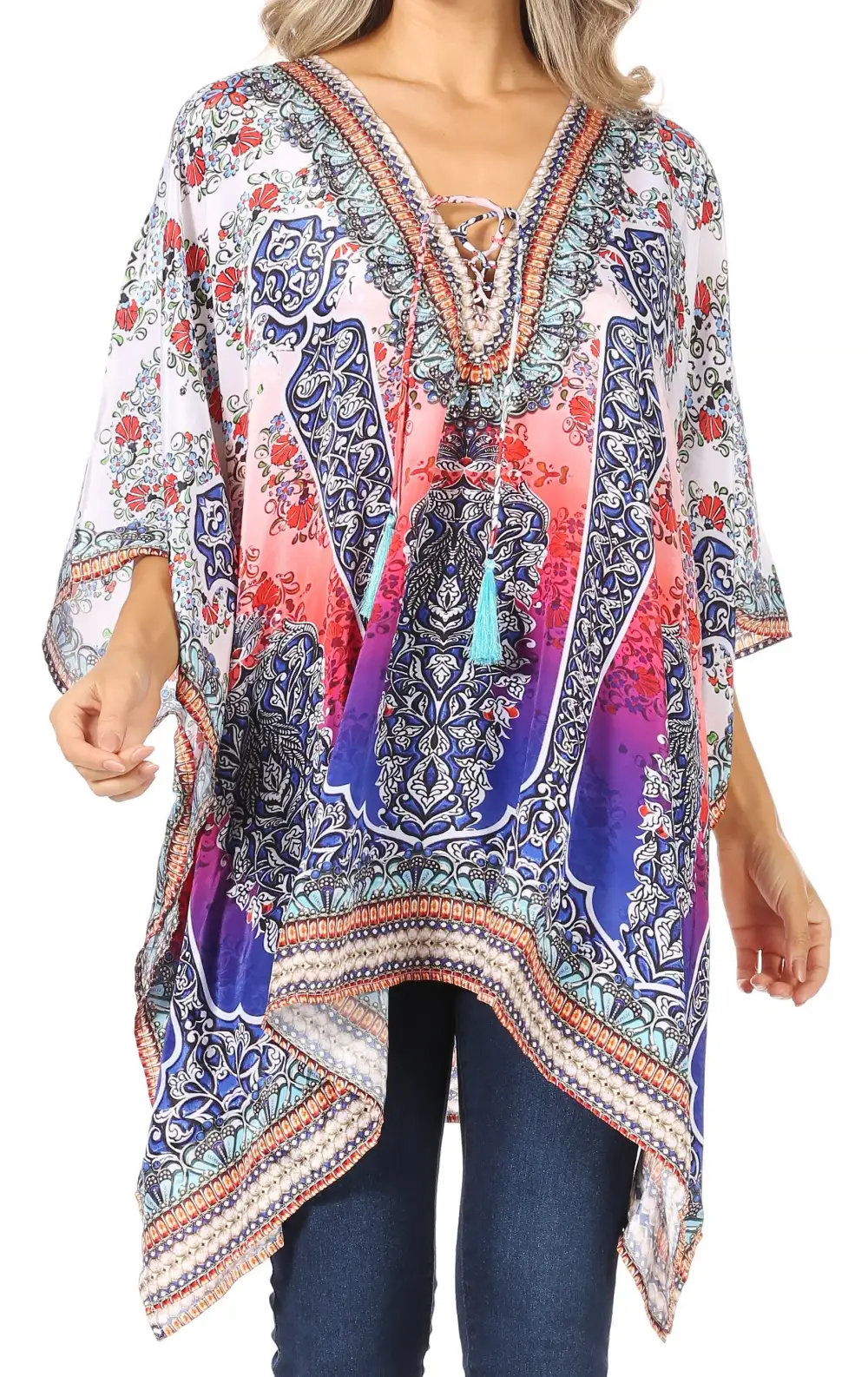 Women's Caftan Poncho Cover up V neck Top Lace up With Rhinestone