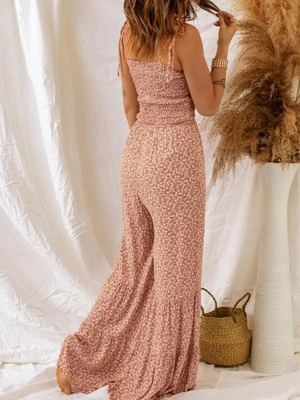 Women's Boho Floral Tie-Shoulder Wide-Leg Jumpsuit