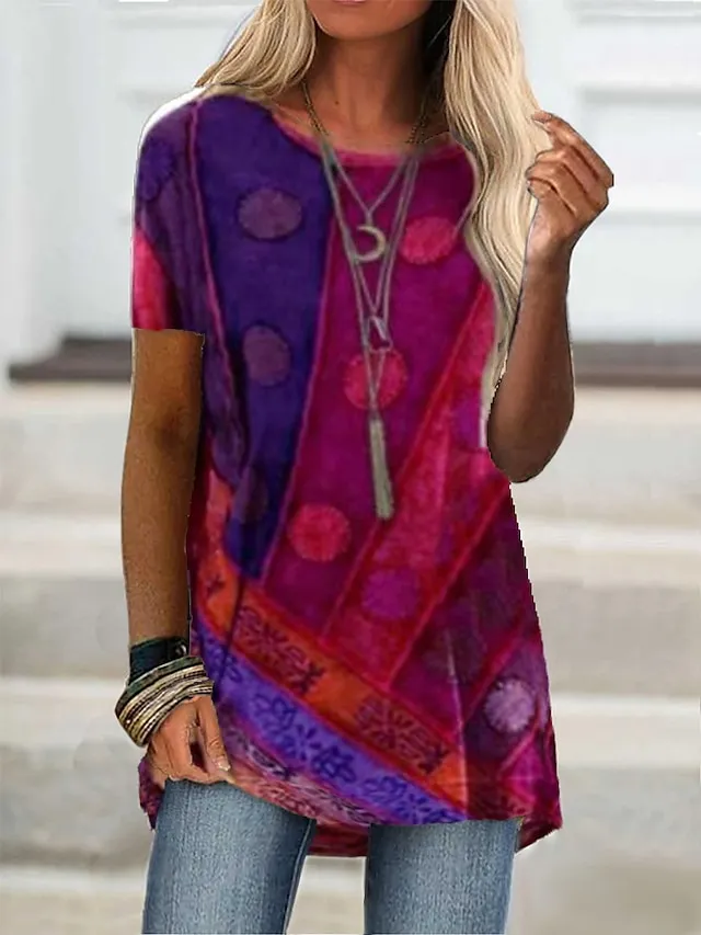 Women's T shirt Tee Burgundy Tee T shirt Dress Tunic Shirts Graphic Geometric Color Block Wine Red Blue Print Short Sleeve Casual Weekend Tunic Basic Boho Round Neck Regular Fit