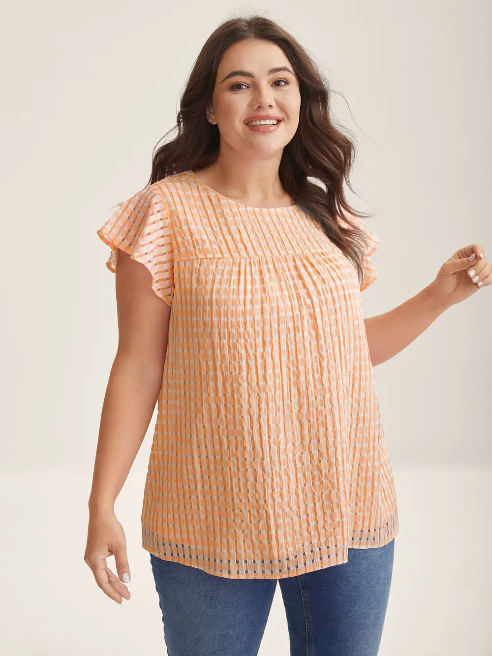 Textured Sheer Lined Flutter Sleeve Blouse