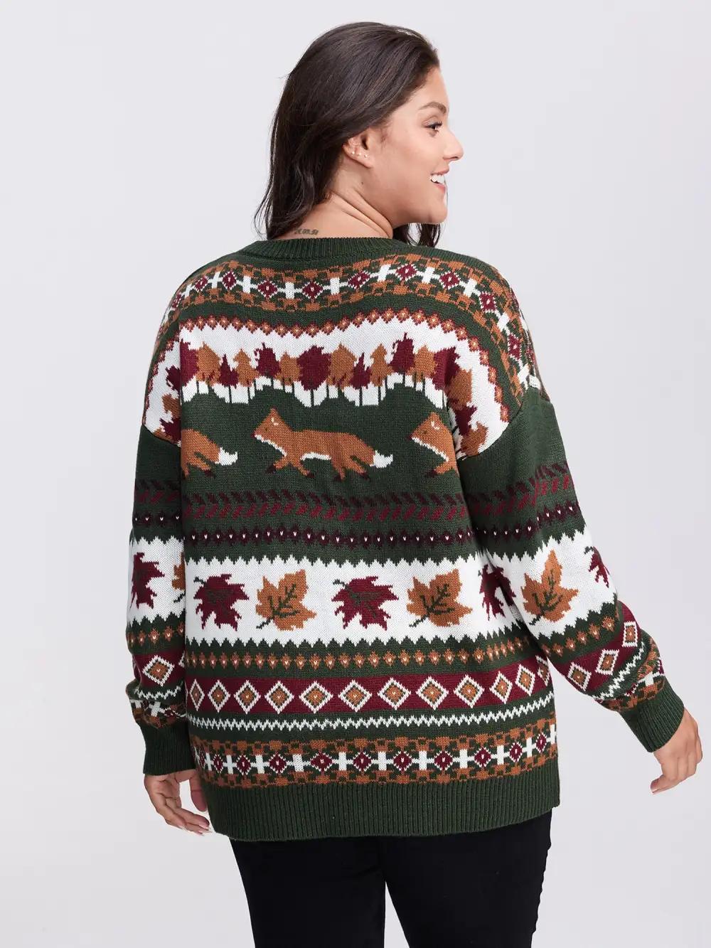 Forest Pattern Jacquard Round Neck Pullover